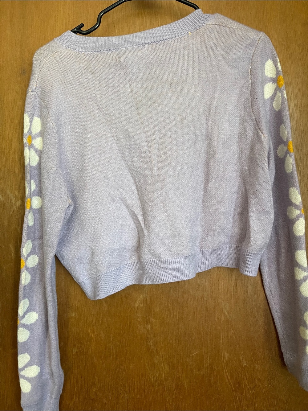 Jessica Simpson Lavender Cropped V-Neck Cardigan with Yellow Floral Sleeve - Picture 5 of 5